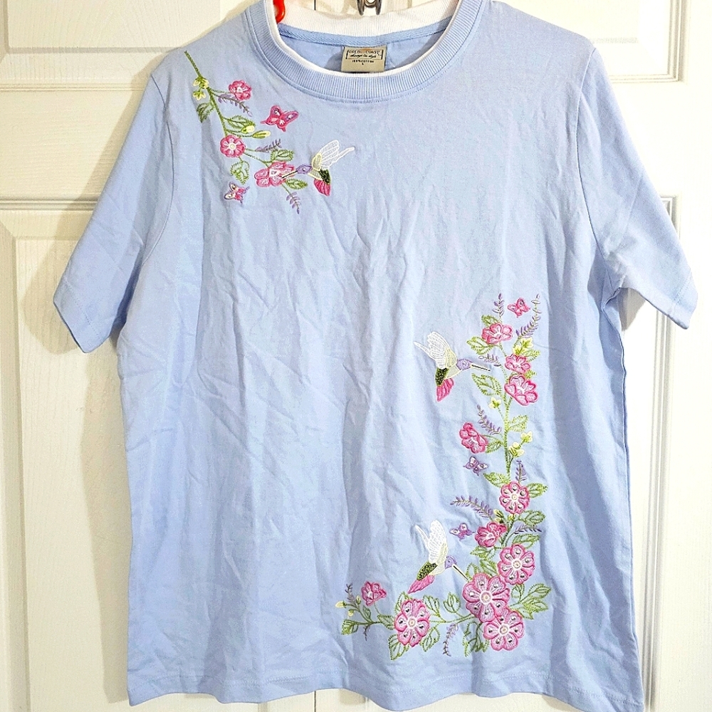 Gold Coast Vintage NWOT Tshirt Lg Hummingbird Blue Embroidered Deadstock Cottage